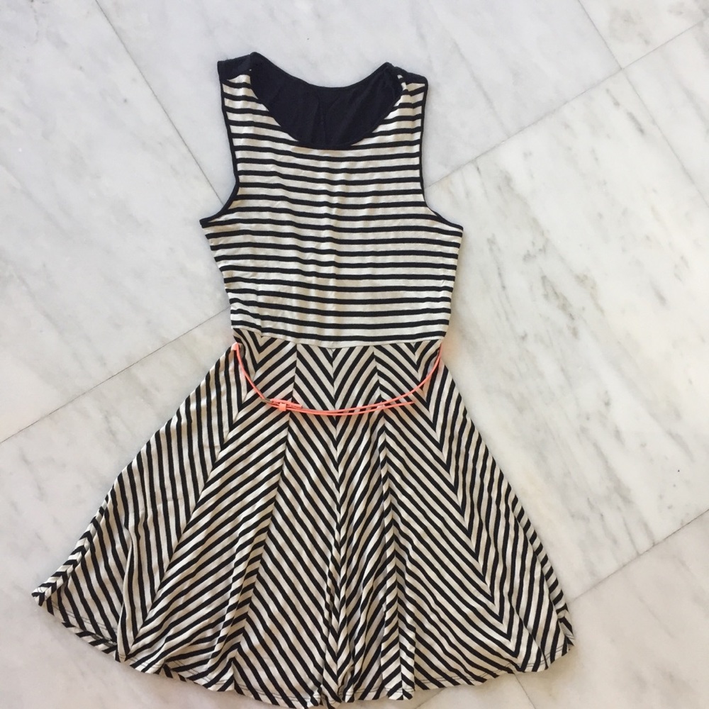 Black and white striped dress with neon belt